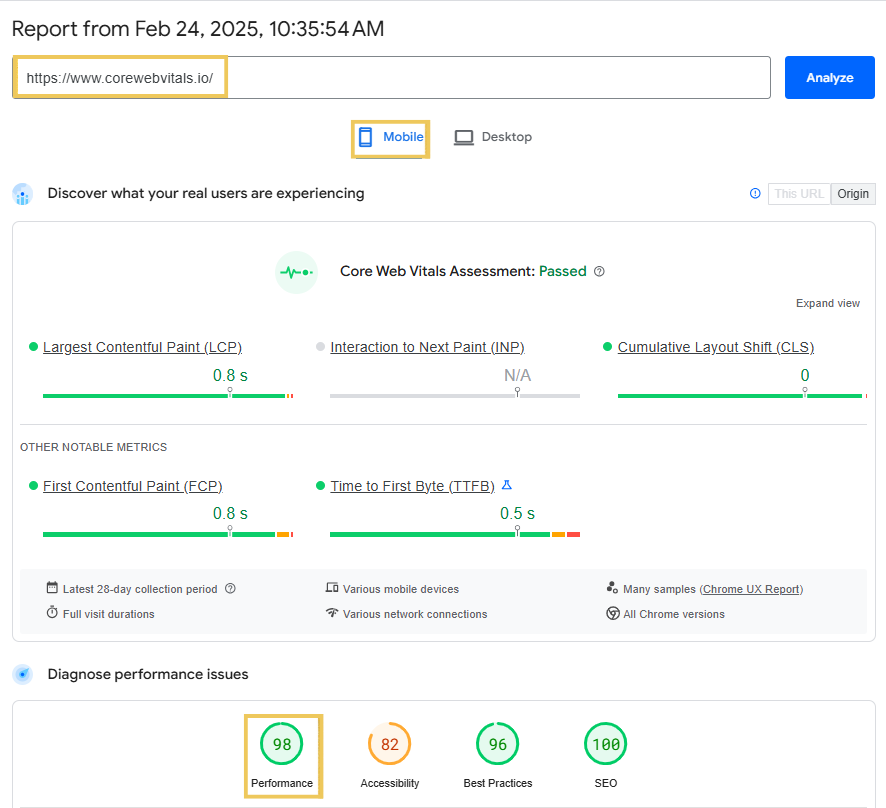 A website performance report showing Core Web Vitals, page speed analysis, and optimization insights for desktop and mobile