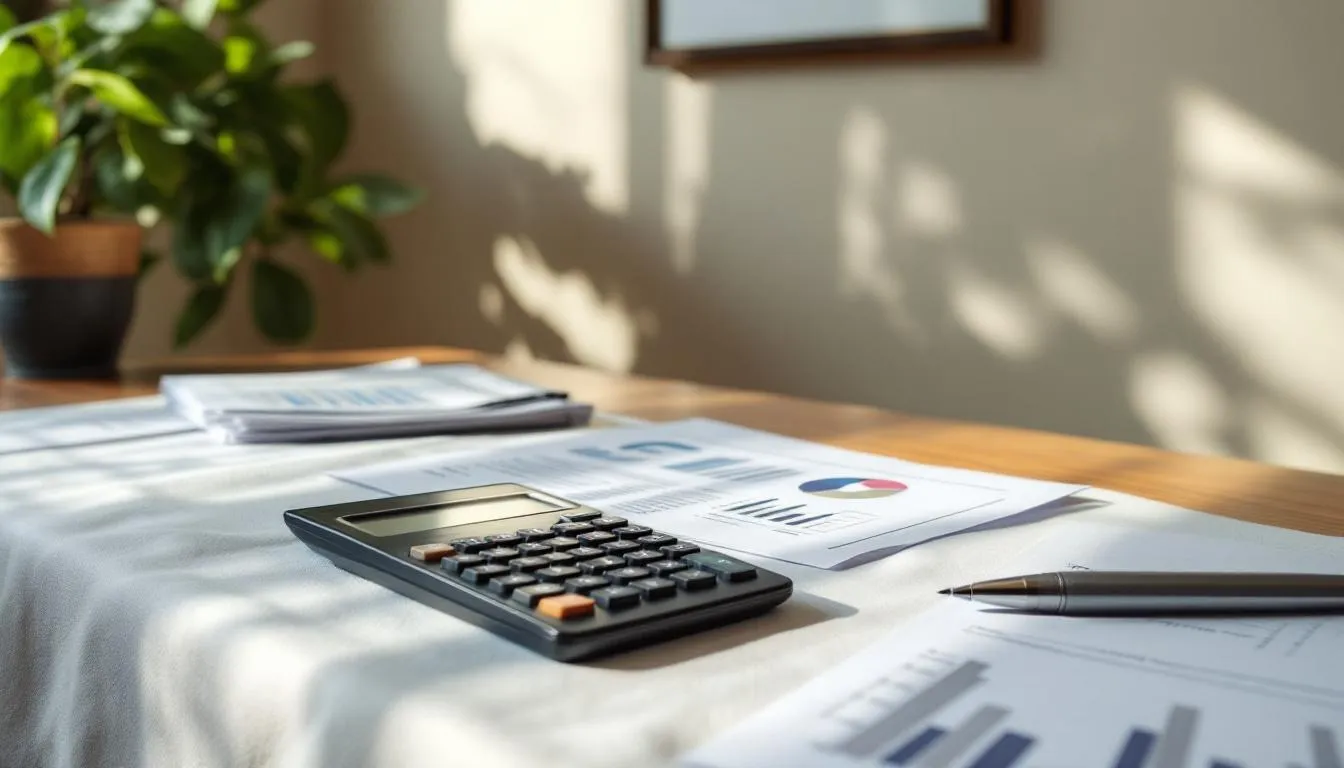 The image depicts a financial planning workspace featuring a calculator, a pen, and various investment documents spread across a table, symbolizing the importance of financial literacy and personal finance management for achieving financial goals. This organized setup reflects the essential tools needed for budgeting, saving money, and making informed investment decisions.