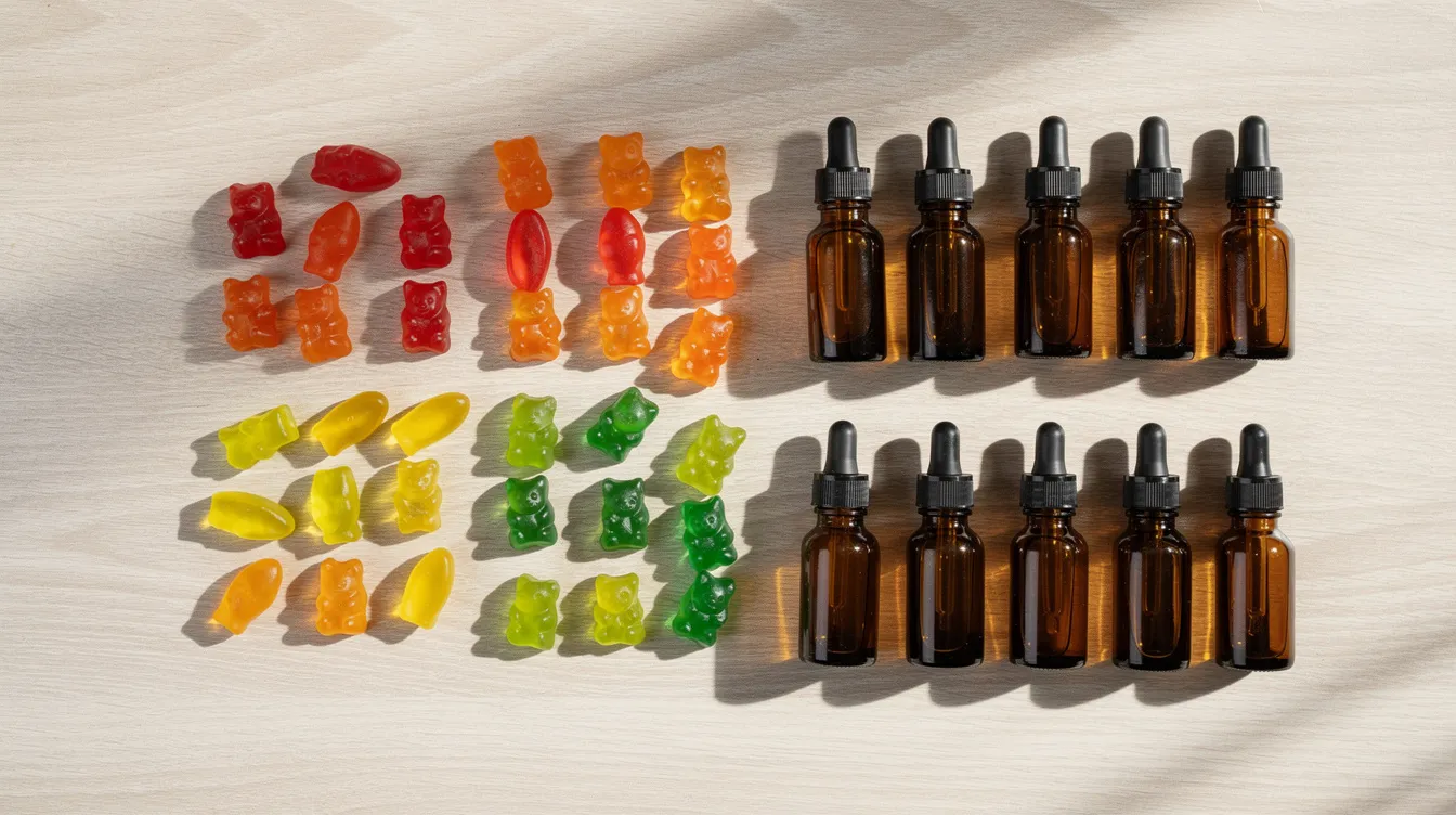 The image features a vibrant assortment of gummy candies alongside small amber tincture bottles, all neatly arranged on a light wooden table. This colorful display may include hemp-derived products, which are subject to various legal statuses under indiana law and federal law regarding substances like delta 8 THC.