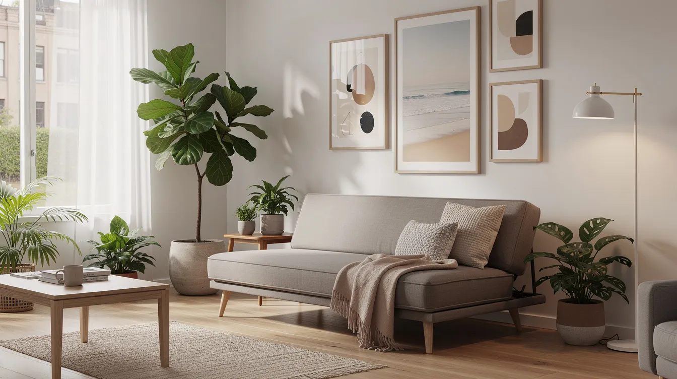 The image depicts a compact and stylish sofa bed in a small Australian apartment living room, surrounded by vibrant plants and modern artwork. This multifunctional furniture piece offers both a comfortable sofa for everyday use and a queen bed for overnight guests, making it perfect for maximizing space in modern living.