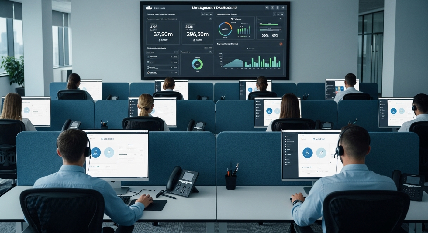 Modern call center agents using identical cloud-based virtual desktops with centralized management dashboard in the background.