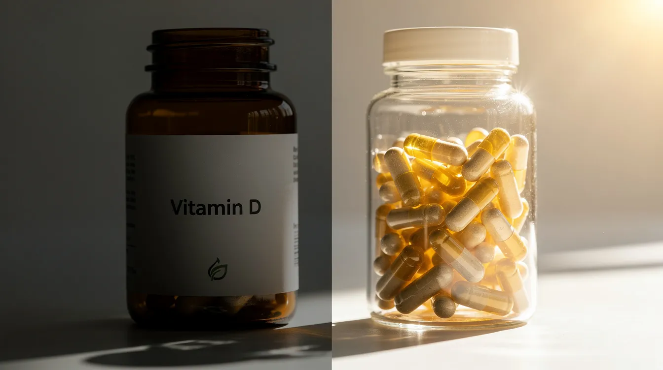 The image depicts a comparison between an opaque amber bottle, which is in shadow, and a clear glass bottle exposed to direct sunlight. This visual highlights the importance of proper storage conditions for nmn supplements, as the amber bottle helps maintain the stability and potency of nicotinamide mononucleotide, while the clear bottle may risk degradation due to high temperatures and light exposure.