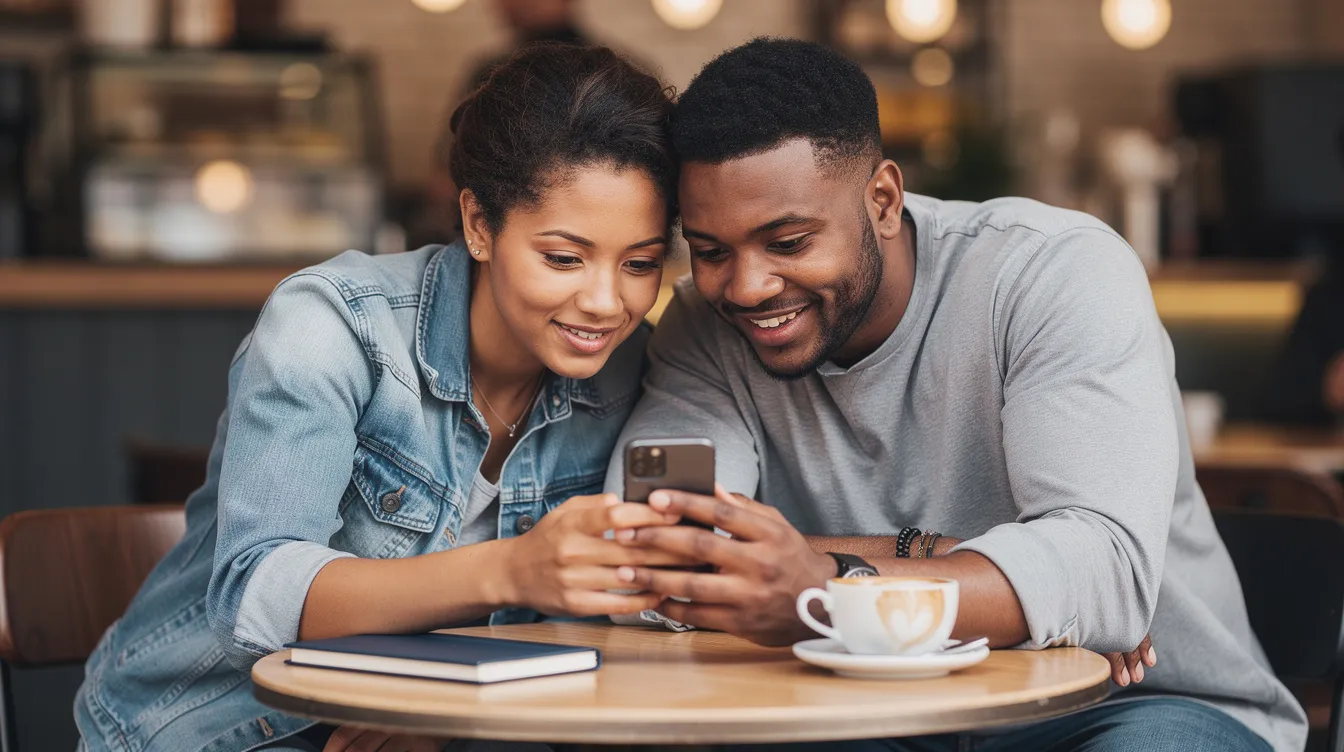 A couple sits together at a cafe table, intently looking at a phone screen, suggesting a collaborative and engaged interaction. Their focused demeanor reflects a healthy relationship built on mutual understanding and open communication, essential for navigating the dating world and finding the right partner.