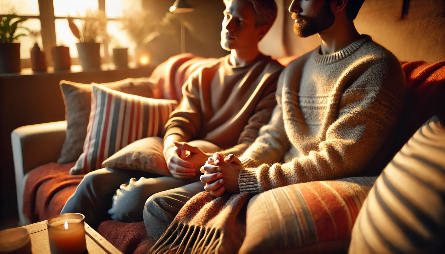 cozy scene featuring two men sitting close together