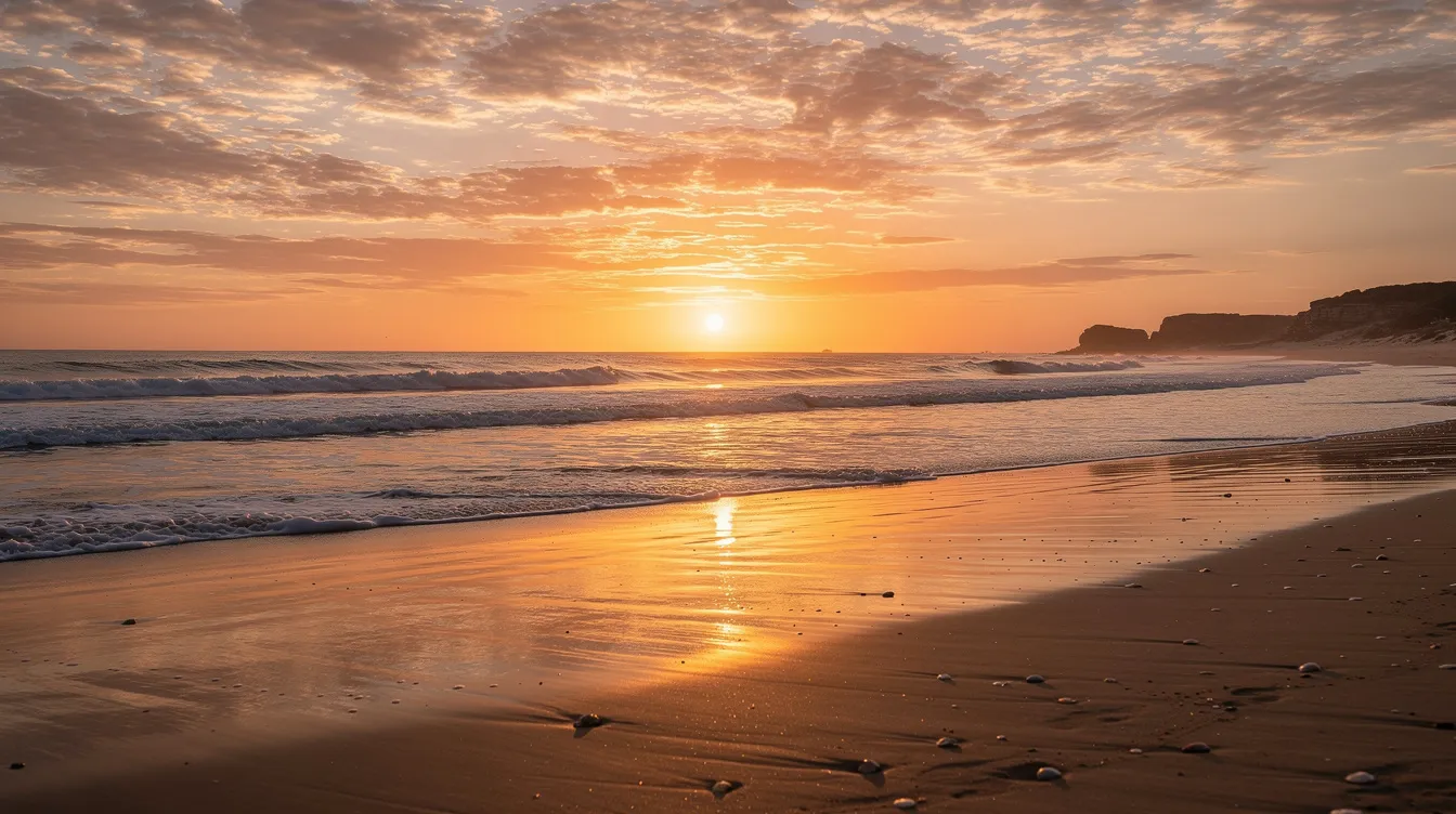 The image depicts a stunning golden sunset over a wide sandy beach along the Western Australian coast, where gentle waves lap at the shore, creating a serene coastal setting. This picturesque scene showcases Australia’s natural beauty and relaxed lifestyle, perfect for those who enjoy outdoor living and the laid-back lifestyle of coastal cities.