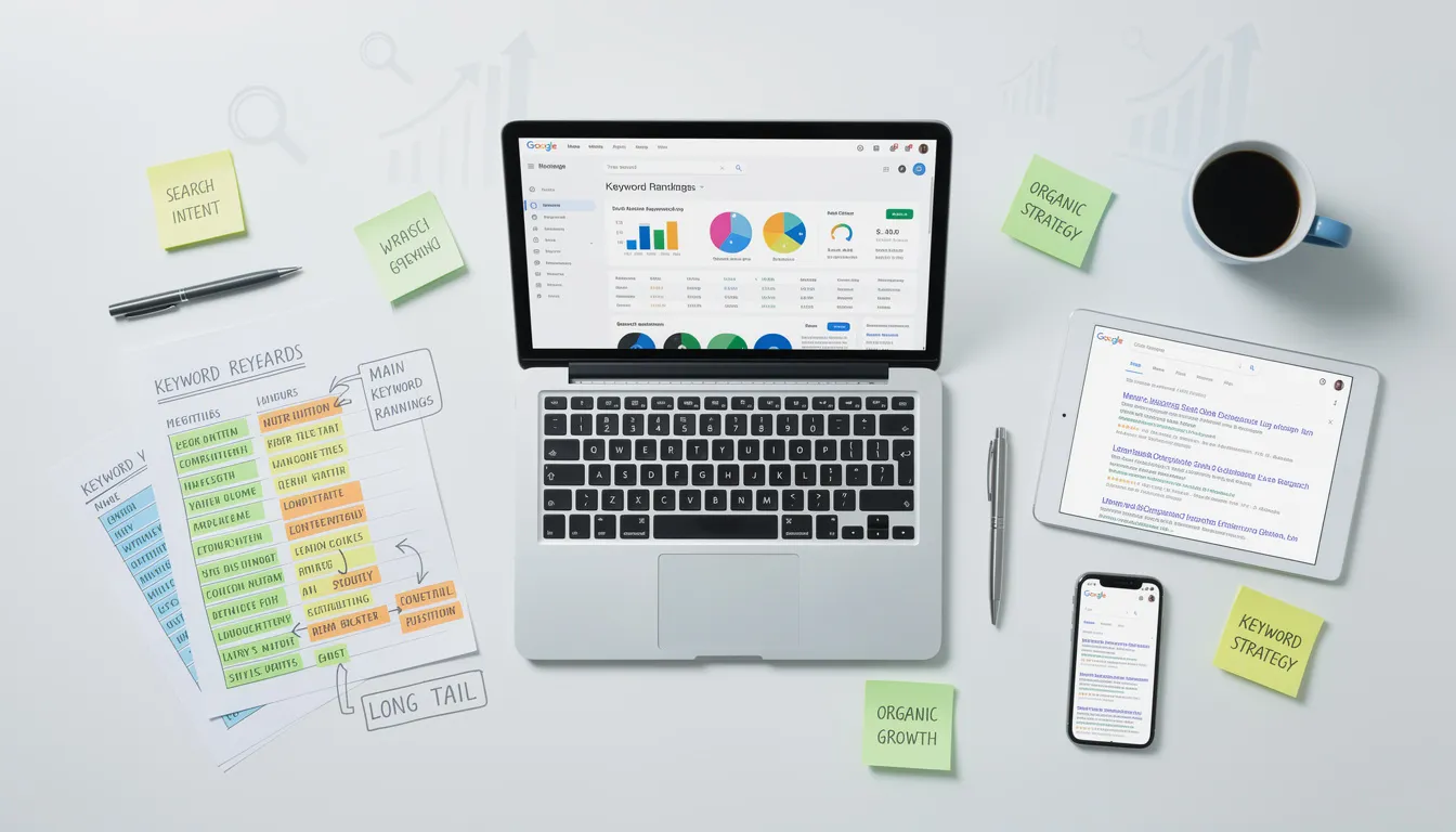 An image illustrating keyword research as a vital component of search engine optimization (SEO) strategy, featuring tools and charts that represent search queries, keyword rankings, and organic search results. The visual emphasizes the importance of identifying relevant keywords to optimize website content for better visibility in Google search results and other search engines.