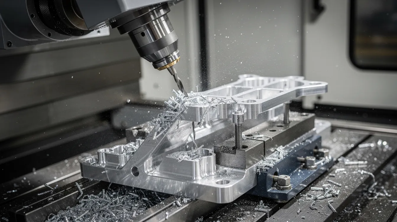 A close-up view of a 5-axis CNC milling machine in action, precisely cutting a complex aluminum aerospace bracket, showcasing the intricate details and high precision typical of advanced CNC machining processes. The image highlights the cutting-edge technology used in the production of custom parts for the aerospace industry.