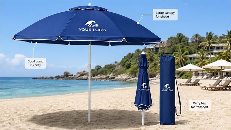 Beach umbrella with custom logo, large shade canopy, and carry bag for resorts