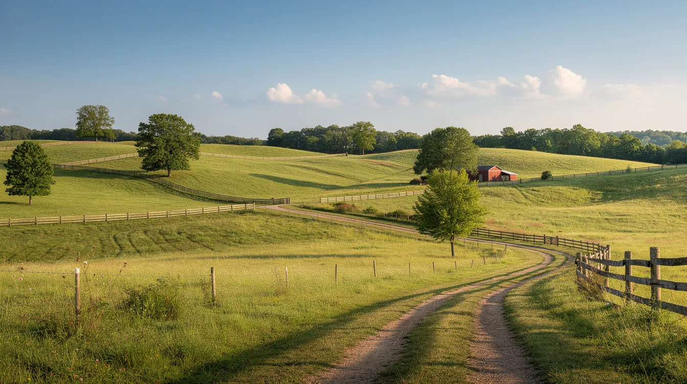 The image depicts a serene Tennessee countryside landscape featuring rolling hills under a clear blue sky, evoking a sense of peace and tranquility. This picturesque scene highlights the natural beauty of Tennessee, where discussions about gun laws and the rights of law-abiding citizens often take place amidst such idyllic surroundings.