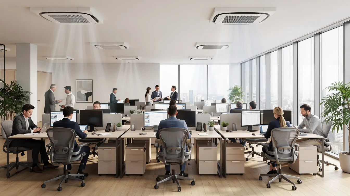 The image depicts a modern open-plan office space featuring large windows and several ceiling-mounted air conditioners, creating a comfortable working environment for employees at their desks. This setup highlights the importance of air conditioning for optimal heating and cooling, ensuring a productive atmosphere.