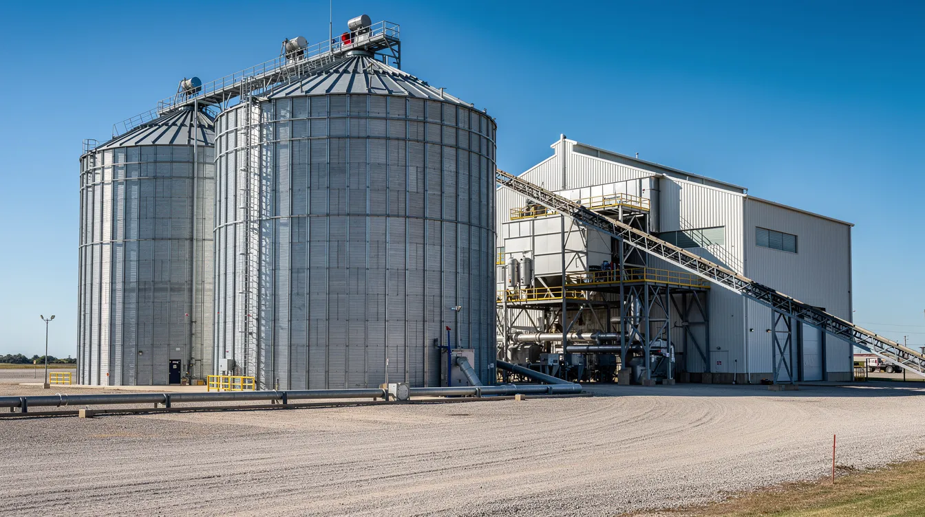 0e62d8be c3bc 49b5 88df 5f9ac97498a6 The image depicts large industrial grain storage silos adjacent to a processing facility equipped with conveyor belts and piping, set against a clear blue sky. This facility is likely involved in ethanol production, utilizing grains and agricultural residues in the fermentation process to produce fuel-grade ethanol.