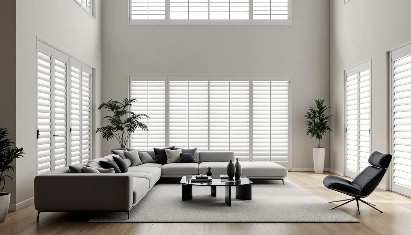 A stylish room featuring aluminium plantation shutters that enhance the interior design.