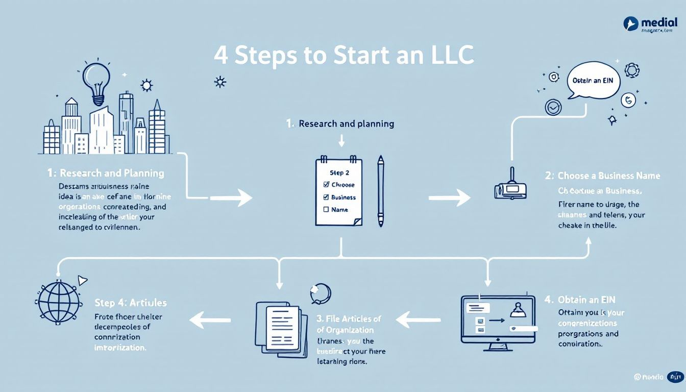 Steps to start an LLC, illustrated in a flowchart format.