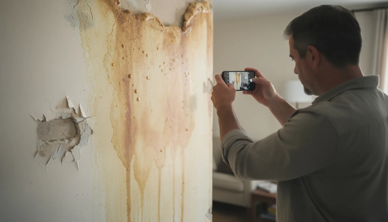 A homeowner is using a smartphone to photograph water damage on a wall, likely to document potential mold growth for an insurance claim. This action highlights the importance of home insurance coverage for mold and the need for proper mold remediation to prevent further damage.