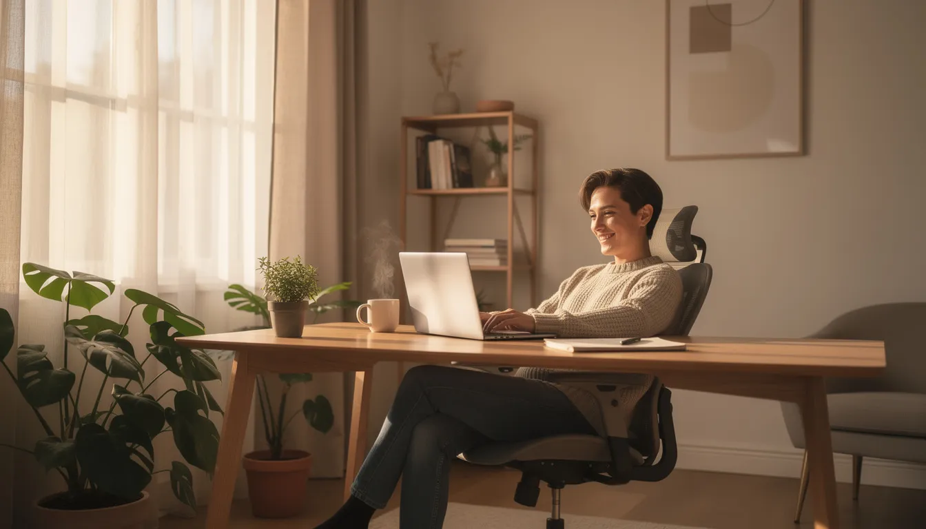 En person sitter avslappnat vid sitt hemmakontor och spelar på en laptop, omgiven av en lugn atmosfär. I bakgrunden kan man ana en mjuk belysning och hemtrevlig inredning som skapar en bekväm miljö för spelande, kanske med tanke på mr vegas casino.