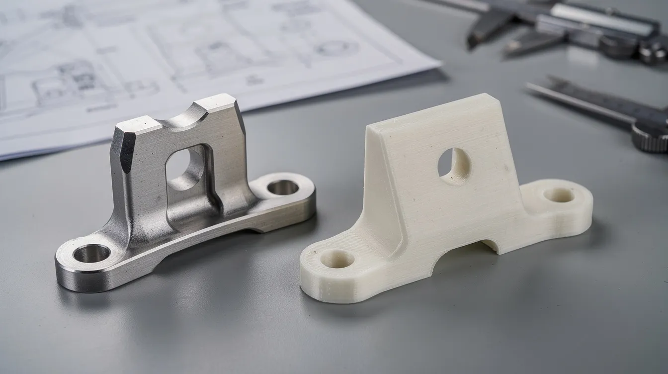 The image shows a precision-machined titanium aerospace bracket alongside a 3D printed prototype of the same part, highlighting the differences in manufacturing processes. The actual machining showcases high precision and complex geometries achieved through CNC machining, while the prototype emphasizes the capabilities of modern 3D printing technology.