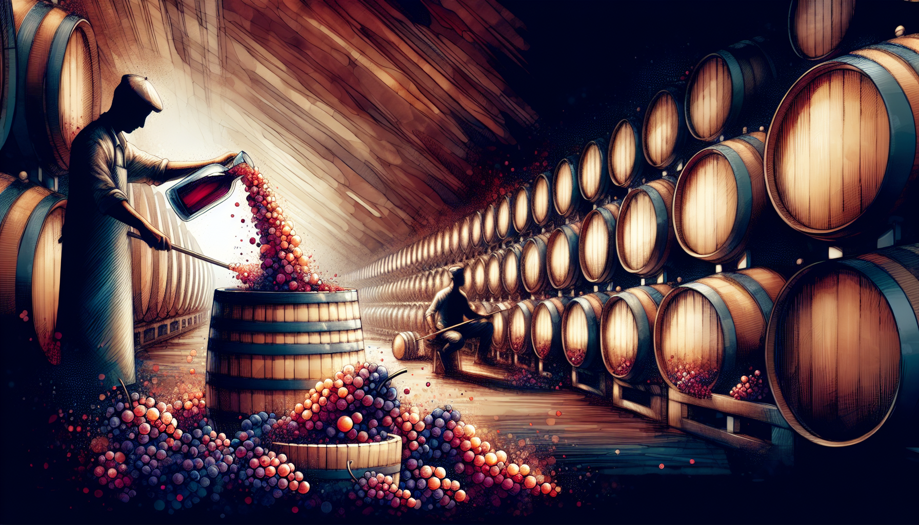 Artistic representation of winemaking techniques including aging in French oak.