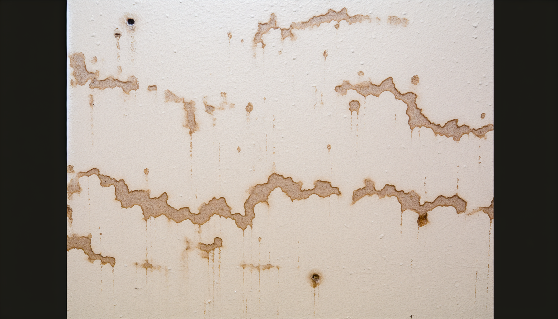 Close-up of brown water stains on drywall