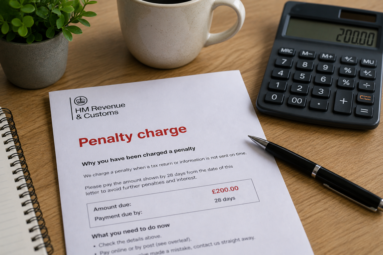 HMRC penalty notice on a desk beside a calculator and pen, illustrating the consequences of failing to comply with Making Tax Digital requirements.