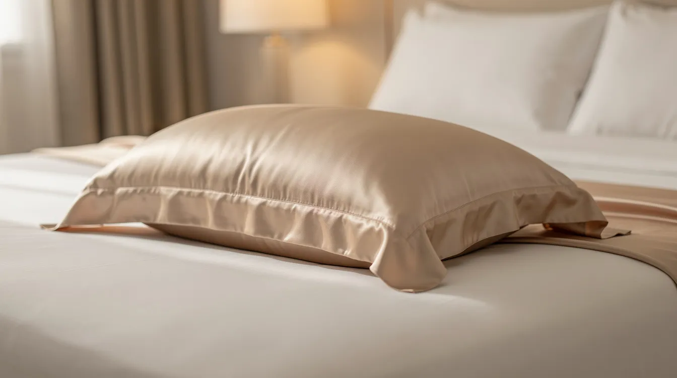 A luxurious mulberry silk pillowcase is elegantly displayed on a bed, showcasing its natural sheen and graceful drape under warm lighting. This pure silk pillowcase offers a cooling feel, making it an ideal choice for beauty sleep and reducing frizz for different hair textures.