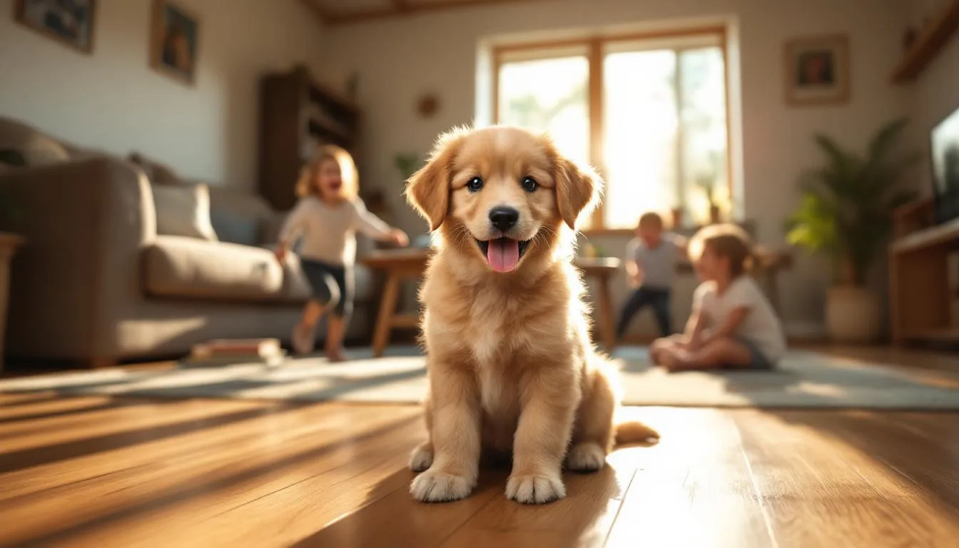 A joyful miniature goldendoodle sits in a cozy family living room, surrounded by children playing nearby, showcasing its friendly temperament and affectionate nature. The warm atmosphere highlights the dog as a beloved family pet, perfect for many pet owners seeking a hypoallergenic companion.