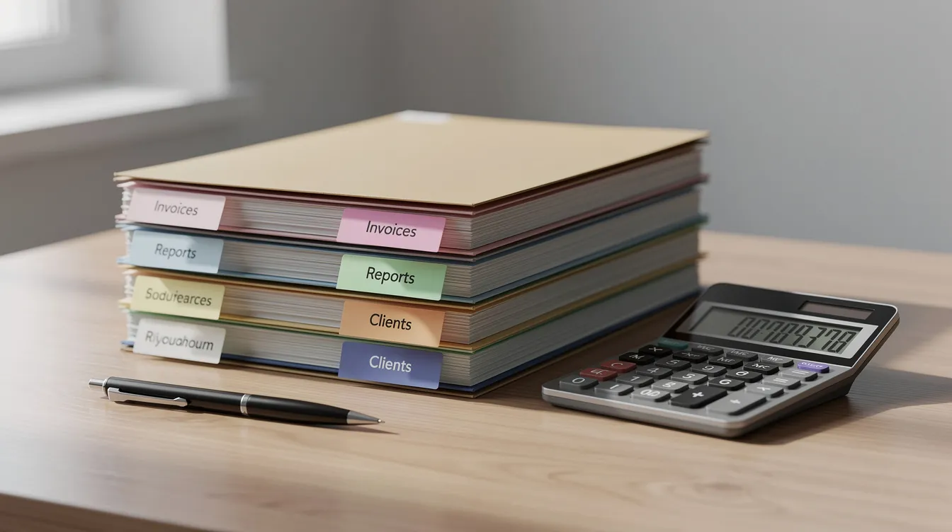 The image shows a neatly organized stack of file folders with labeled tabs, positioned on a clean desk alongside a pen and a calculator, suggesting preparation for managing important documents related to business registration and loan applications, such as those required for the Mudra Yojana. This setup indicates a focus on ensuring all necessary paperwork is in order for micro entrepreneurs seeking direct loans.