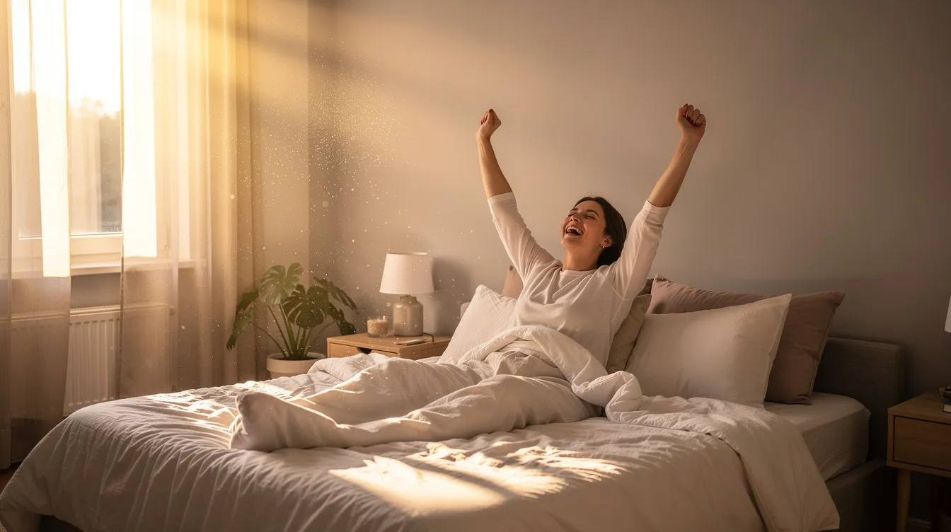 A person stretches happily in bed, basking in the warm morning sunlight streaming through a window, embodying the feeling of waking up refreshed after a night of deep restorative sleep. This peaceful scene highlights the importance of sleep quality and a restful night's sleep for starting the day with energy and calm.
