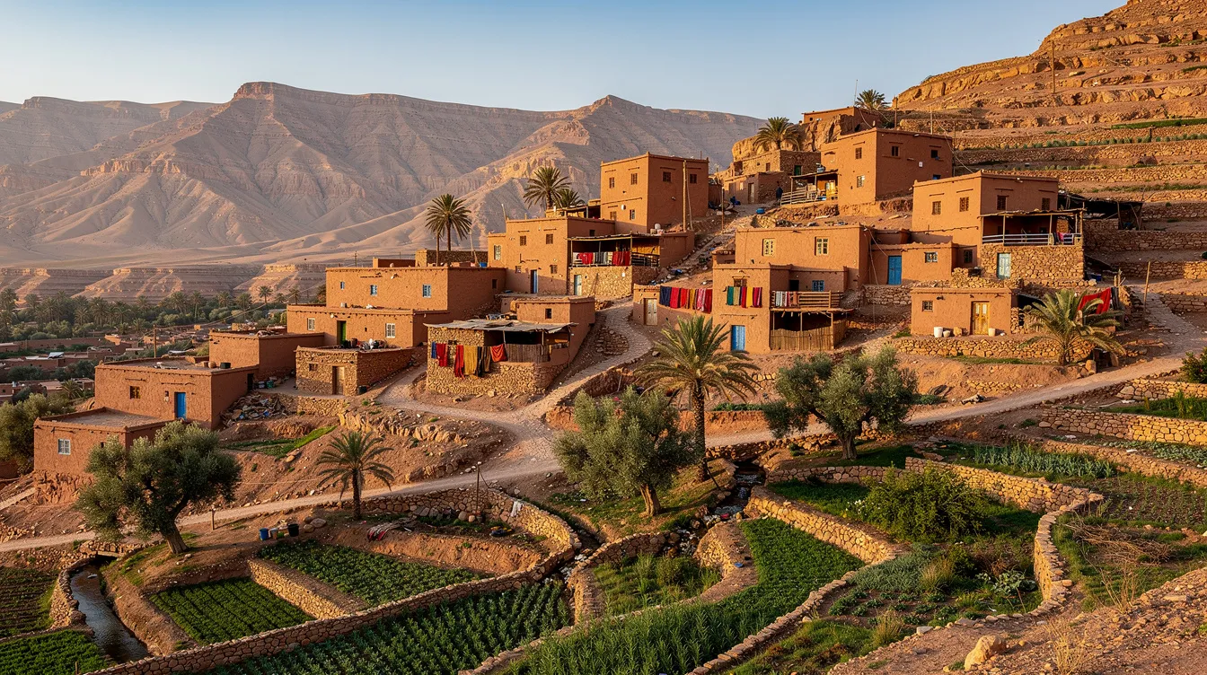 The image depicts a traditional Berber village nestled into a hillside, surrounded by the breathtaking landscapes of the Atlas Mountains in Morocco, with lush green terraced fields below and towering mountain ranges in the background. This picturesque scene highlights the unique architecture of remote Berber villages and the fertile valleys that characterize this region of North Africa.