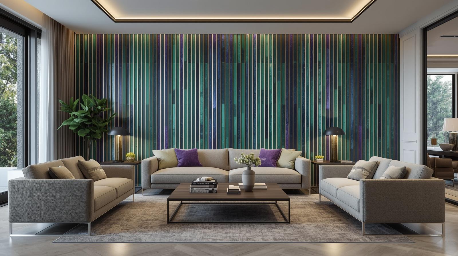A full contemporary living room scene, featuring a vibrant vertical stripe tile feature wall in rich jewel tones such as emerald green, sapphire blue, and amethyst purple, with wide contrasting grout lines in a creamy off-white.
