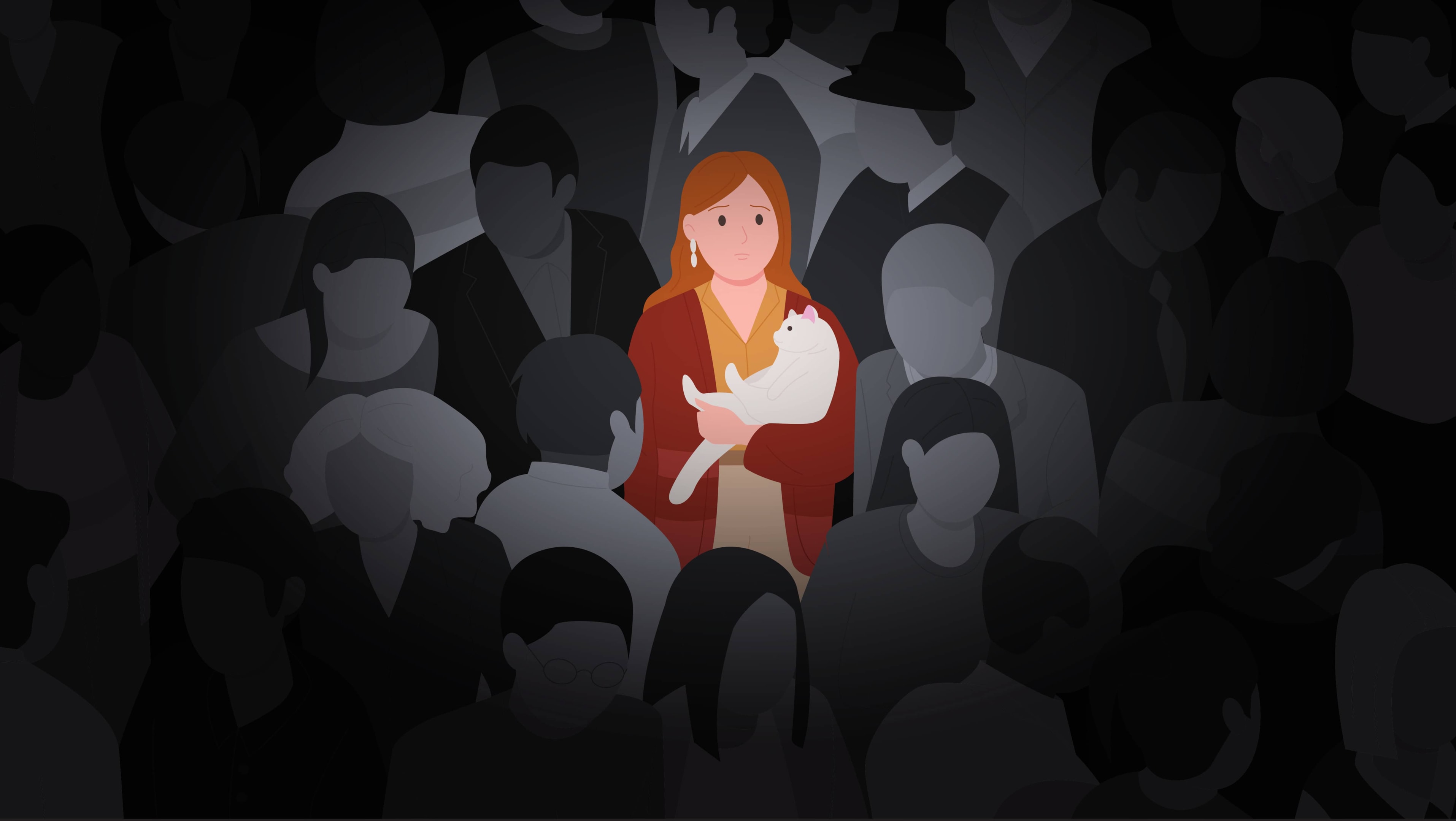 Woman in a crowd of people but feeling alone. She is craving emotional intimacy with someone.