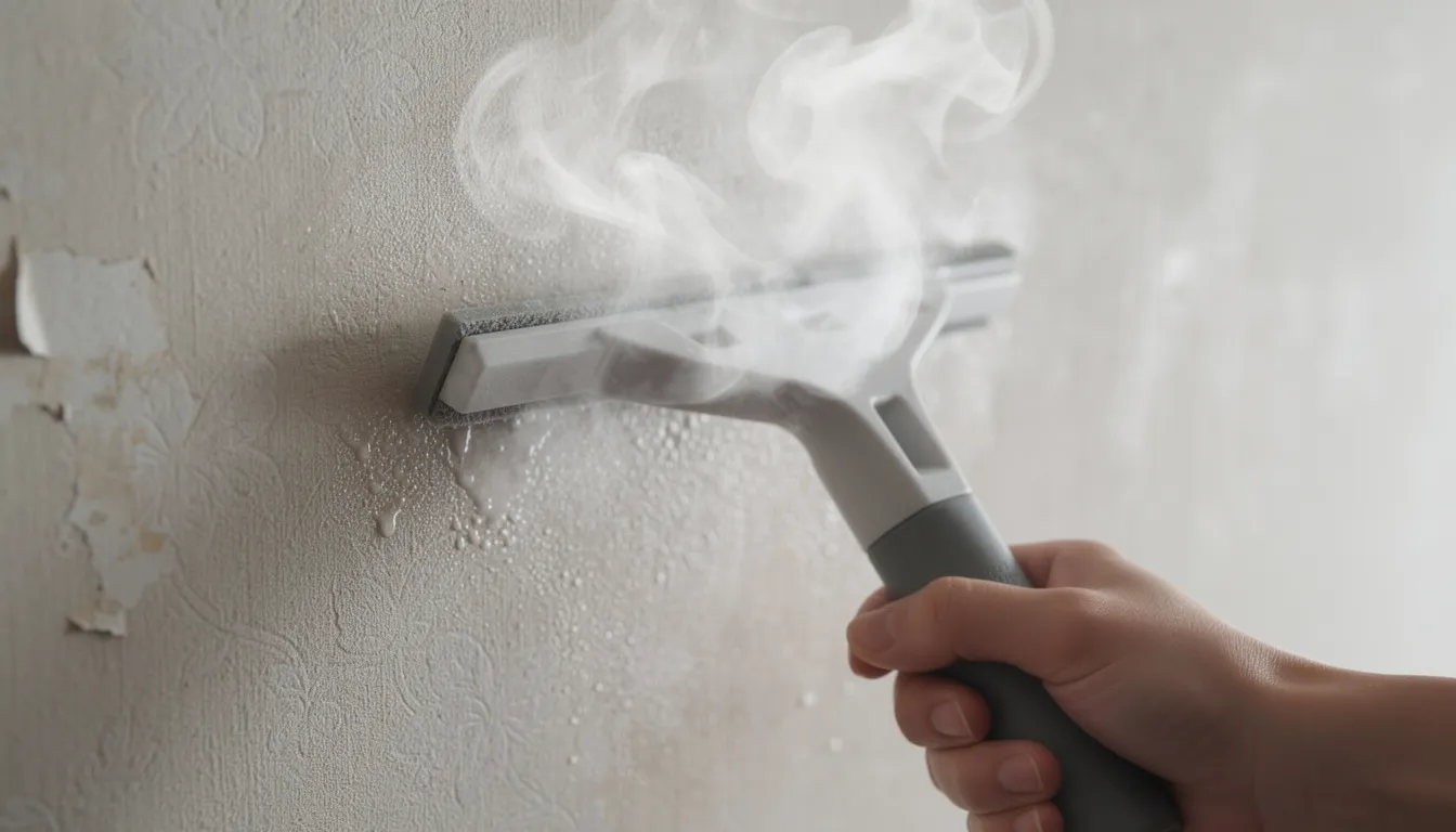 Billedet viser en tapetafdamper, der holdes mod en væg, mens dampen stiger op fra den gamle tapet. Dette er en effektiv metode til at fjerne gammelt tapet og forberede væggen til malerarbejde.