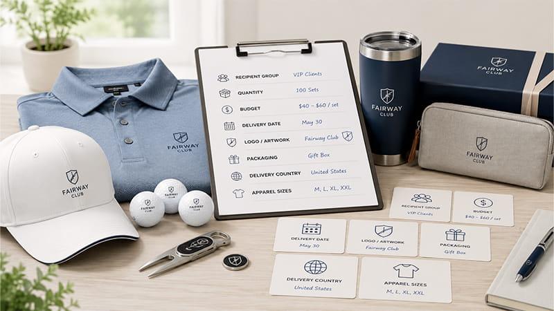 Custom golf gift planning setup with a polo shirt, cap, golf balls, tumbler, gift box, divot tool, and project confirmation checklist