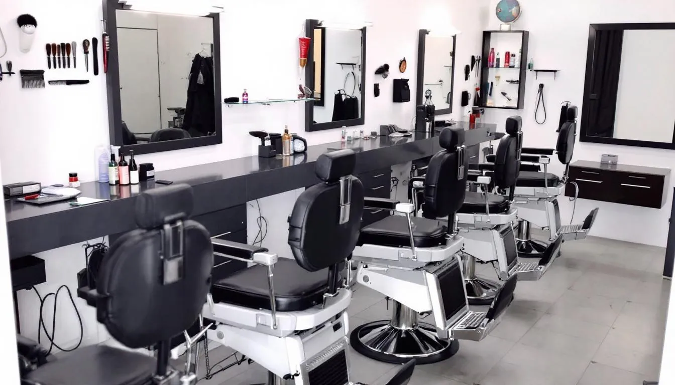 En la imagen se muestra un equipo profesional de barbería que incluye sillas cómodas, diversas herramientas de corte y productos de cuidado personal para hombres. Este espacio está diseñado para ofrecer servicios de calidad a la clientela, reflejando un modelo de negocio exitoso en la industria de la barbería.