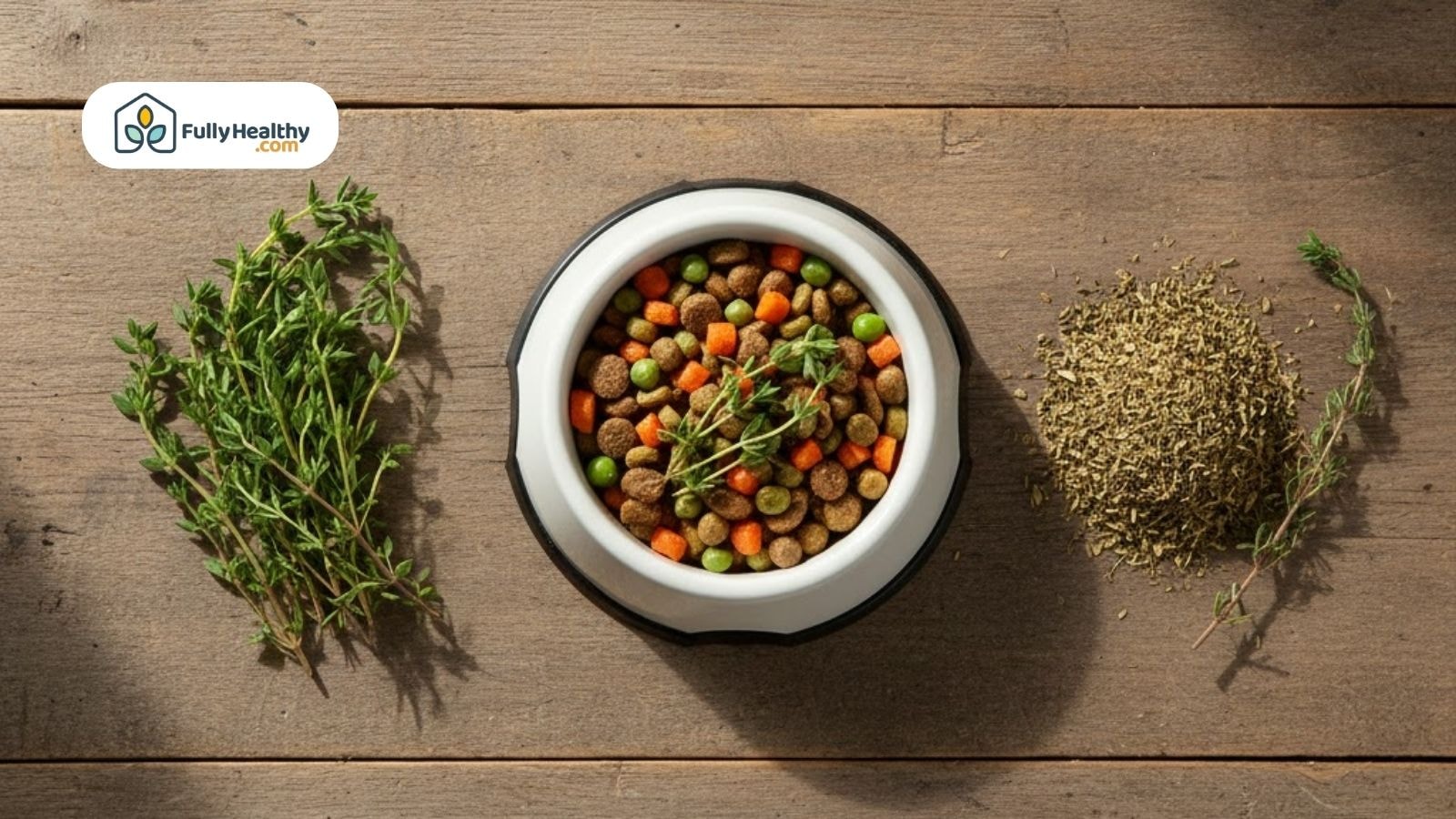 Dog food bowl topped with fresh thyme and dried thyme to show safe herb use for dogs.