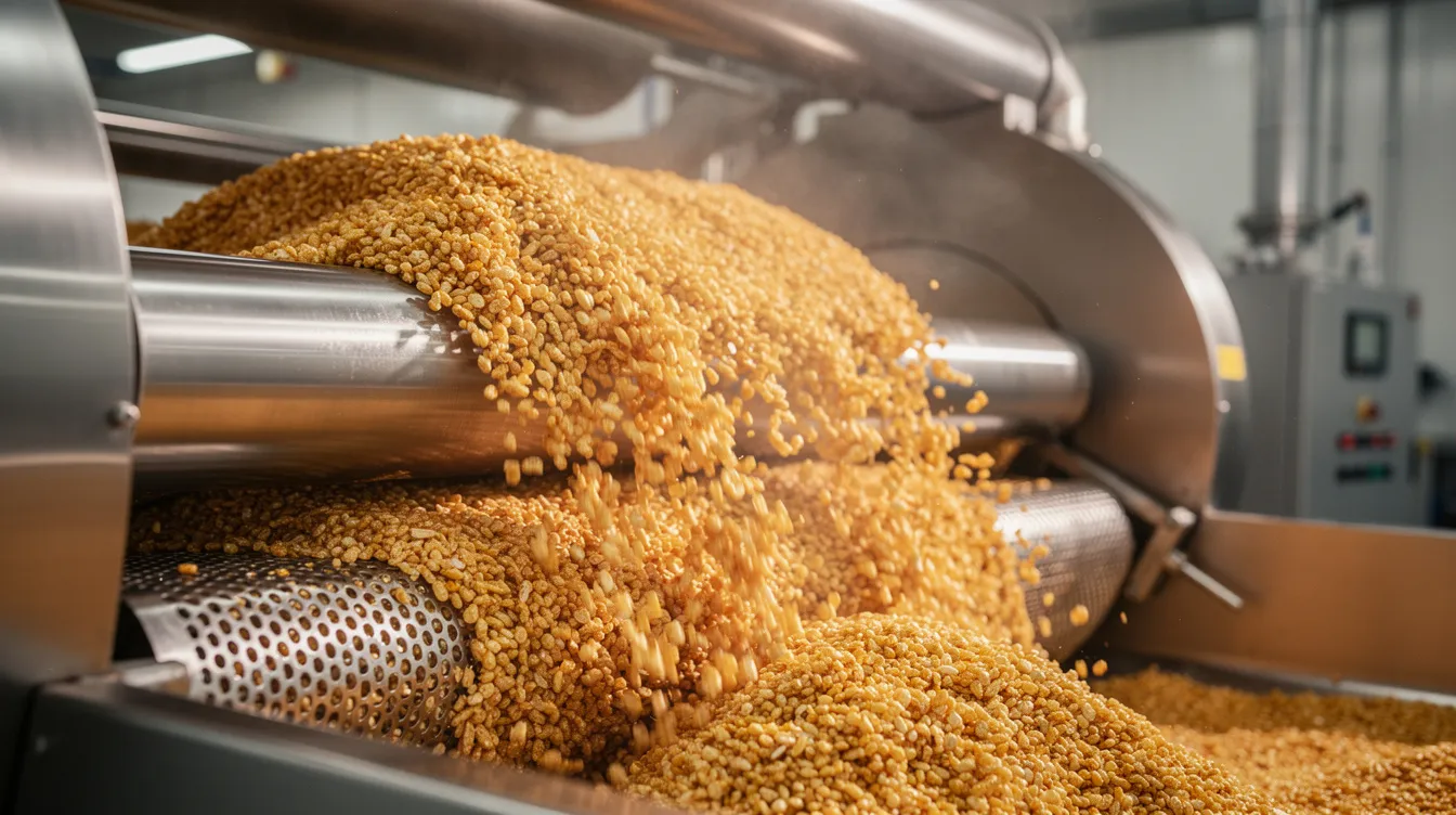 The image depicts golden puffed rice grains being processed in a large industrial puffing machine, showcasing the puffing process that transforms raw rice into a popular snack. This scene highlights the machinery used in the puffed rice industry, emphasizing the scale of production and the essential equipment involved in manufacturing.
