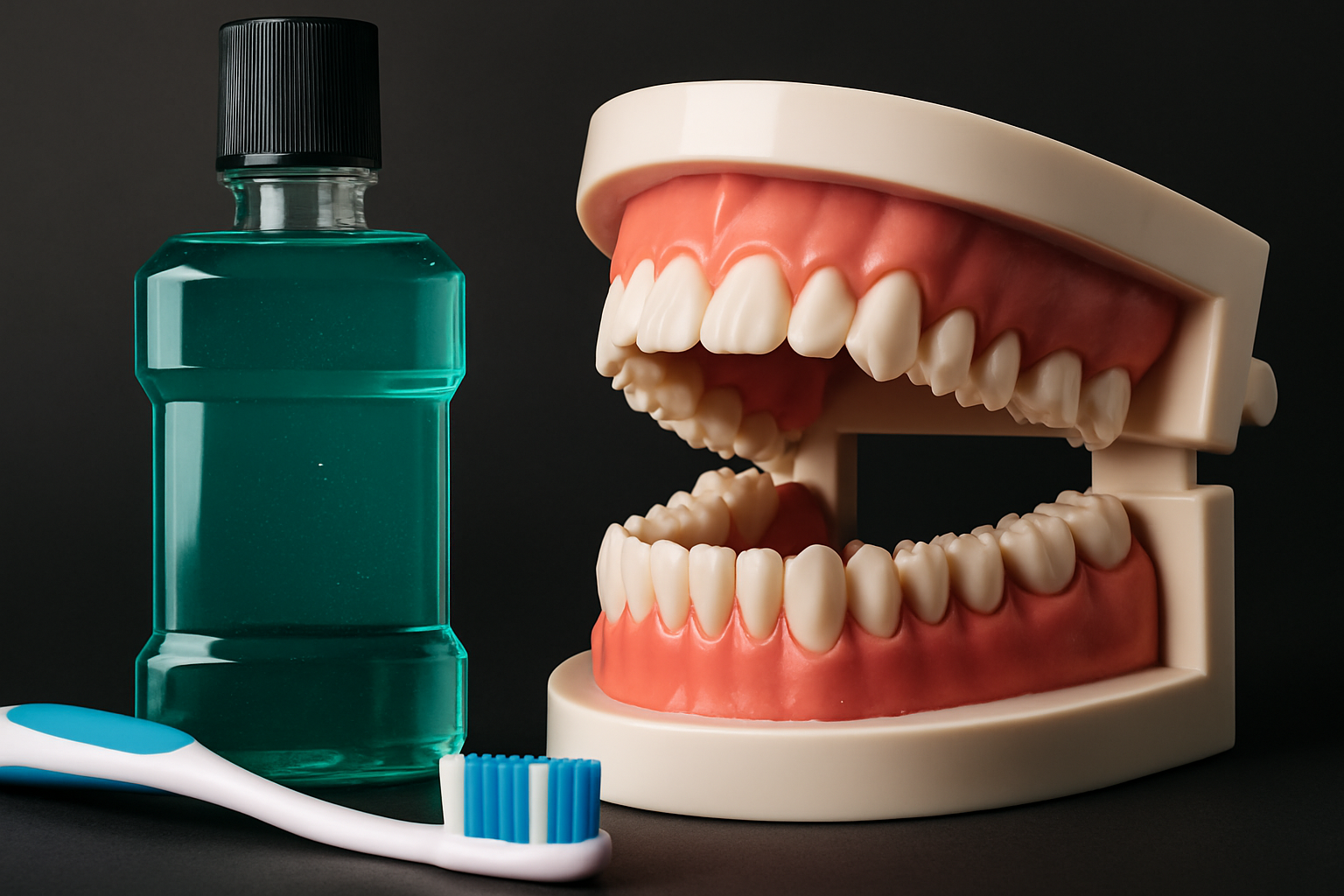 Modell av tenner, tannbørste og munnskyllevann på mørk bakgrunn – fokus på munnhygiene og tannpleie.