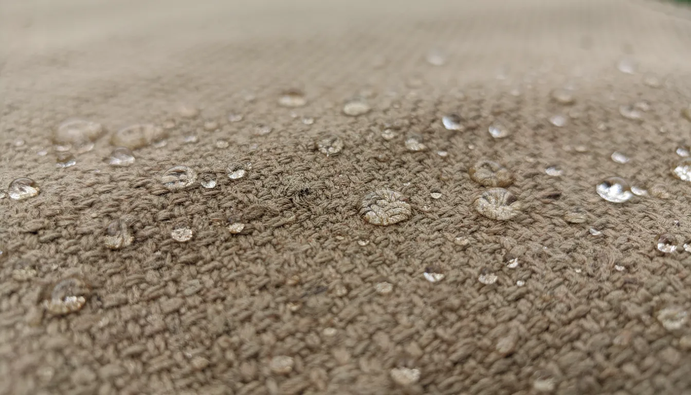 The image features a close-up view of heavy-duty canvas tent fabric, showcasing its textured surface and weatherproof coating, emphasizing the durability and quality of materials used in luxury glamping tents. This detail highlights the perfect blend of comfort and functionality for guests seeking eco-friendly campsites immersed in nature.