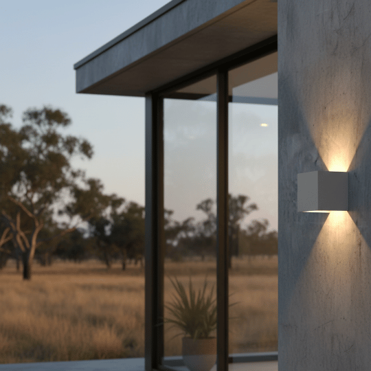 Japandi-style outdoor wall sconce with a sleek, square design, softly illuminating the exterior of a modern home, set against a scenic, natural landscape.
