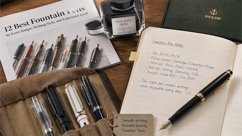 Fountain pen buying guide showing different pen styles, ink options, writing notes, and key features for choosing the right fountain pen