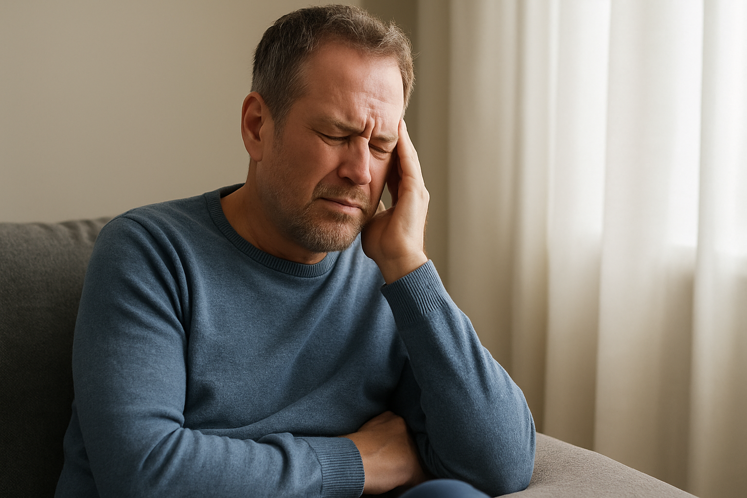 Mann i sofa holder hodet i smerte – kronisk nevralgi hjemme.