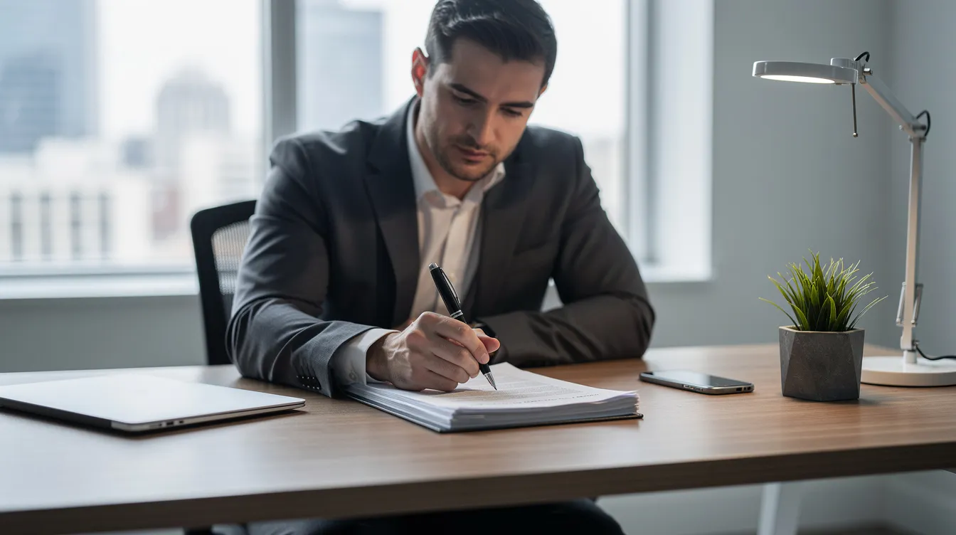 A business owner is seated at a desk, diligently signing legal documents related to a business deal, using a pen. This scene highlights the importance of corporate law and transactional lawyers in ensuring legal compliance and smooth execution of business transactions.
