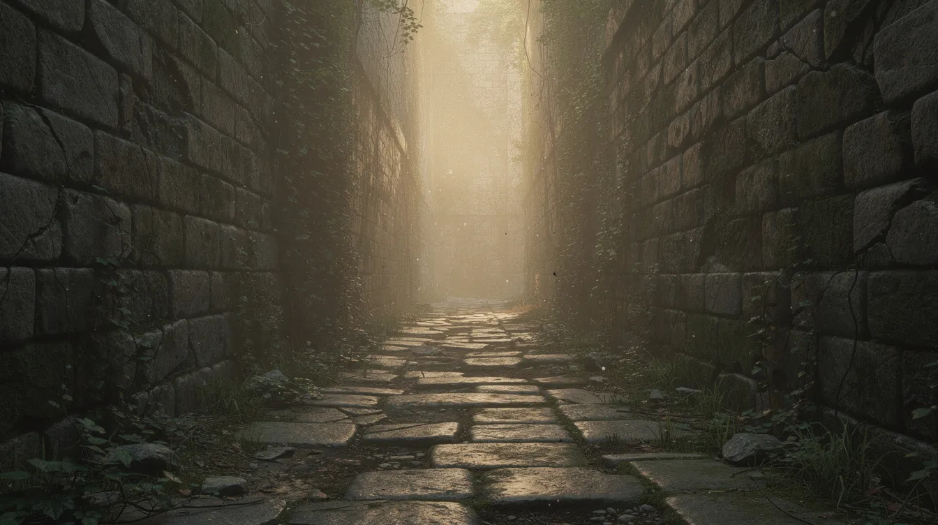 The image depicts an ancient stone pathway flanked by weathered walls, leading towards a bright light at the far end, symbolizing the journey of faith and the call to "take up your cross and follow Jesus." This serene path invites reflection on self-denial and the pursuit of eternal life as one walks towards the light of truth.