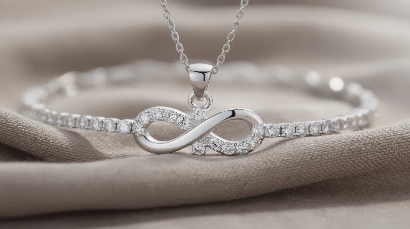 The image showcases a stunning collection of infinity jewellery, featuring an elegant range of sterling silver and rhodium plated pieces, including necklaces, bracelets, earrings, and rings, all symbolizing eternal love. The exquisite designs, adorned with zirconia and available in white gold and silver, make them perfect for special occasions and timelessly beautiful.