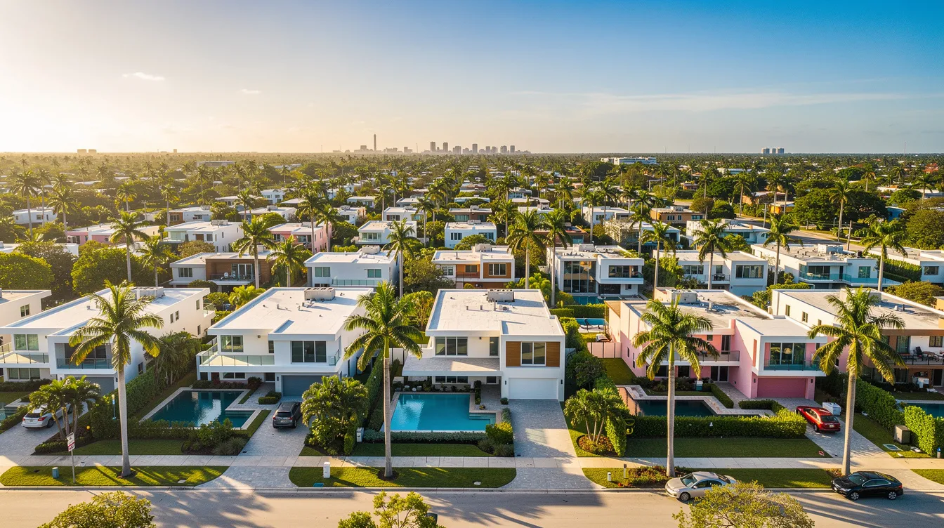 An aerial view of a sunny Miami residential neighborhood showcases flat-roof homes surrounded by lush palm trees, reflecting the vibrant lifestyle of South Florida. This picturesque scene highlights the importance of maintaining efficient air conditioning systems for homeowners in the area, ensuring comfort during the warm summer months.