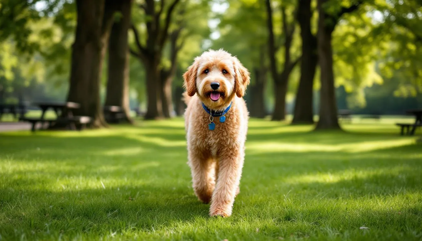 A senior Goldendoodle enjoys a gentle walk in a park, showcasing its friendly demeanor and healthy weight. This lovable mixed breed, known for its golden retriever and poodle parentage, benefits from regular exercise and proper care to support its overall health and longevity.