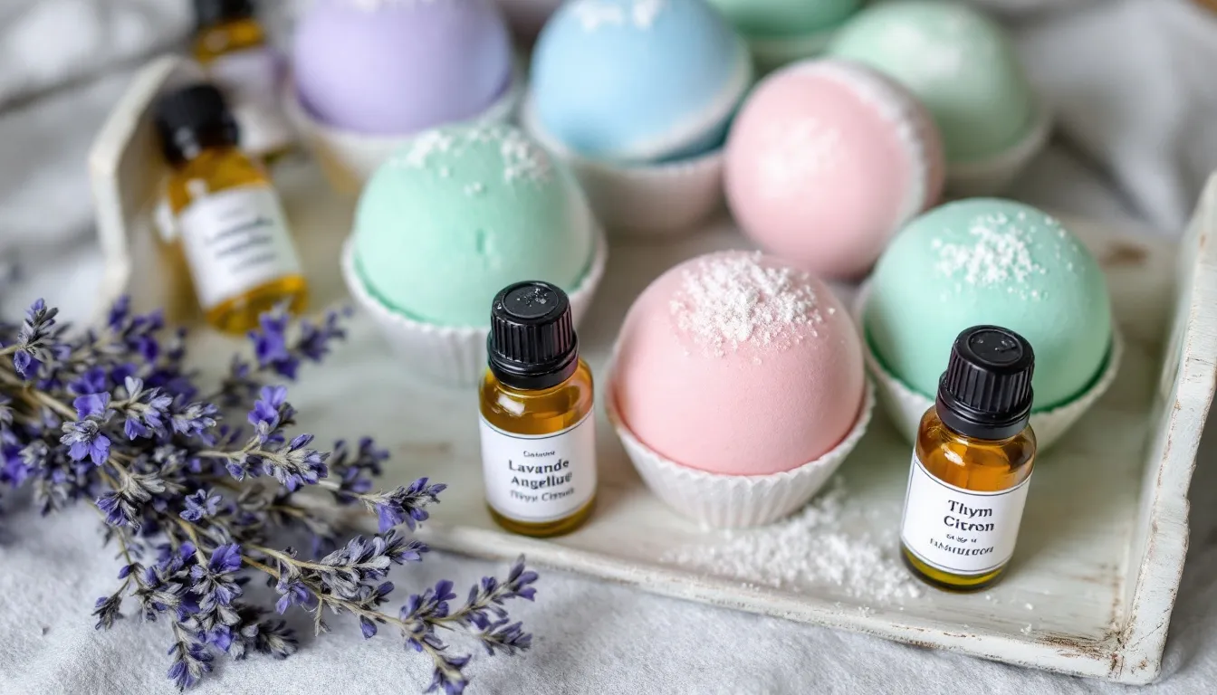 In this image, there are several homemade bath bombs in soft pastel colors arranged next to small bottles of essential oils and sprigs of dried lavender, showcasing a creative DIY gift idea that is perfect for the holiday season or as a thoughtful gift for loved ones. The combination of vibrant colors and natural elements emphasizes the handmade gifts' personal touch and charm.