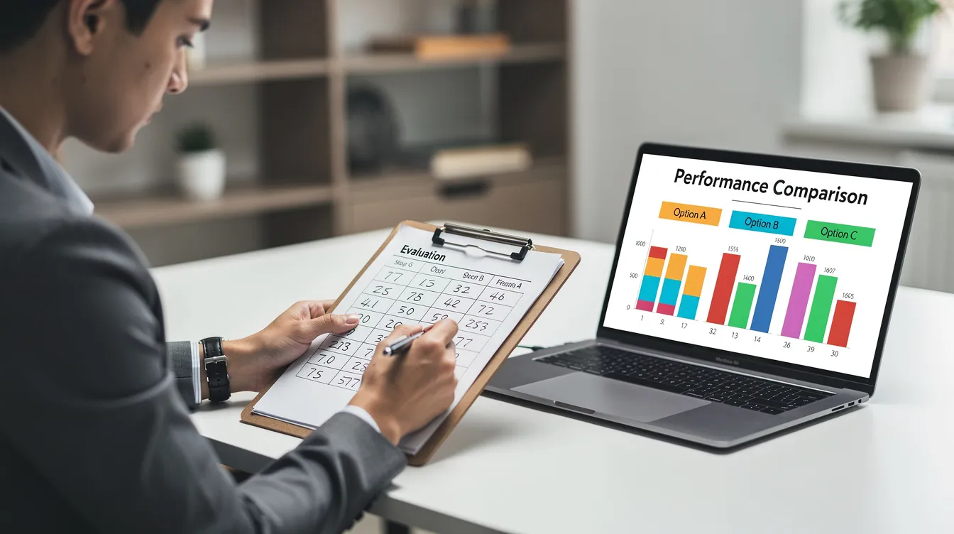 A person is writing evaluation scores on a clipboard while seated next to a laptop displaying a comparison chart that likely analyzes data related to member engagement and operational efficiency. This scene illustrates the integration of AI tools and technology in assessing performance and making informed decisions within an association's marketing strategy.