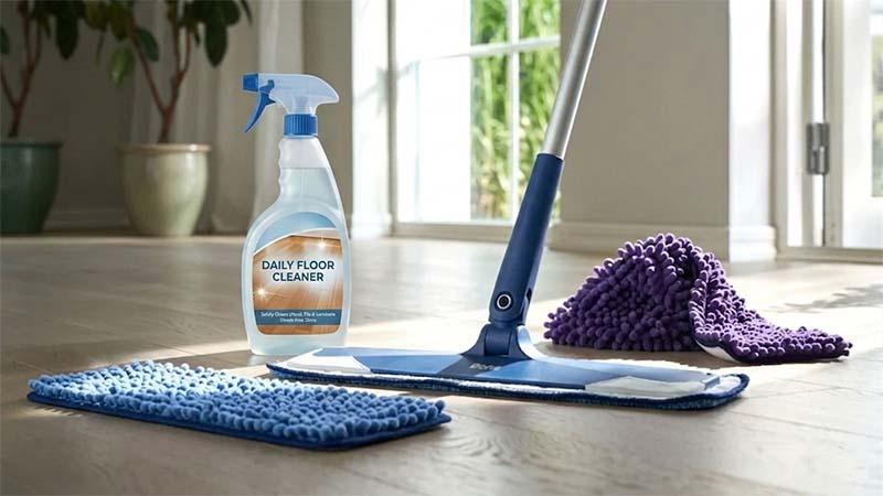 Microfiber flat mop with floor cleaner spray