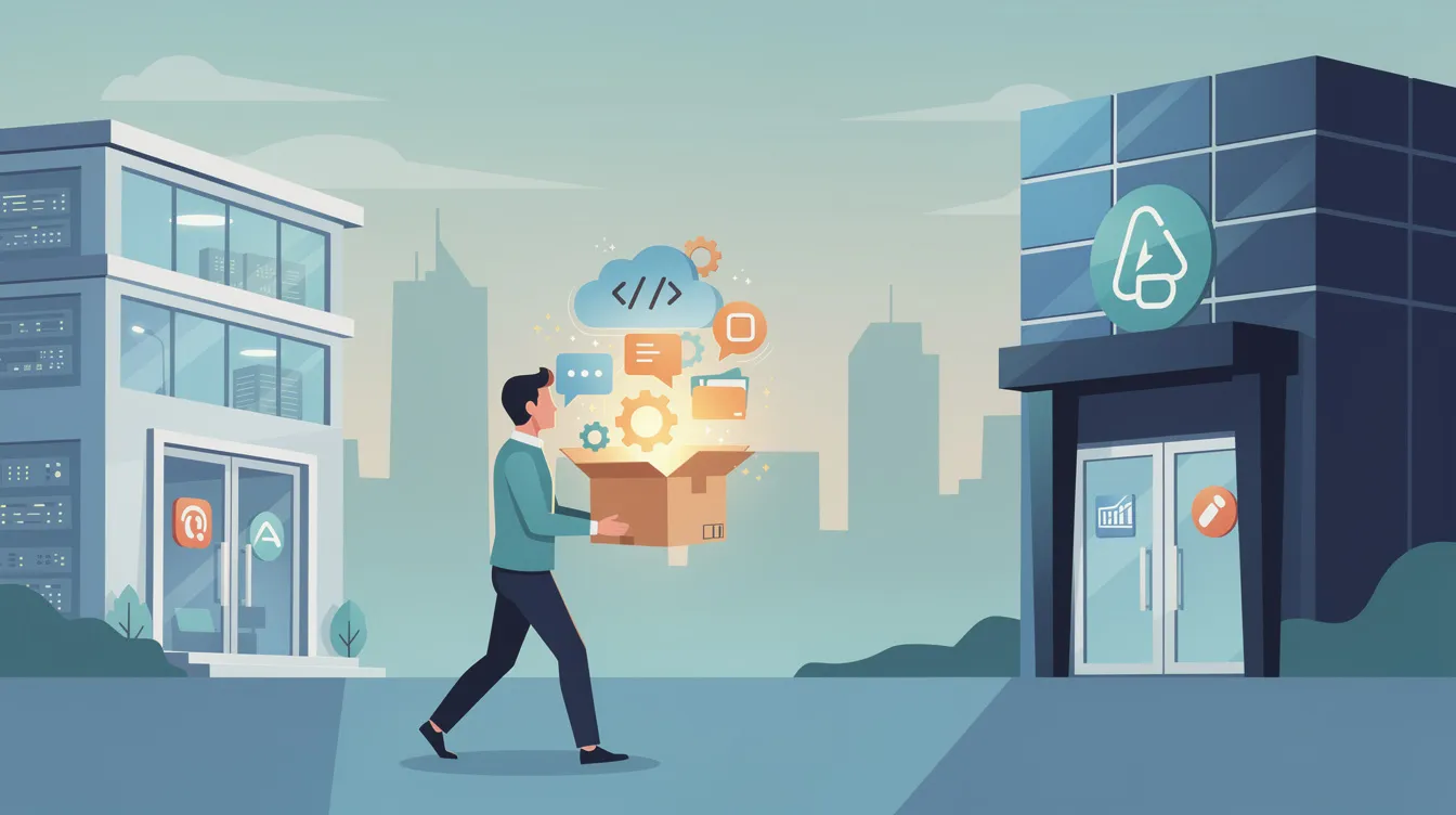 The illustration depicts a person walking between two buildings while carrying a box filled with digital items, symbolizing the migration between platforms. This visual represents the transition to various online community features and engagement tools, highlighting the journey of course creators and users exploring alternatives to Mighty Networks.