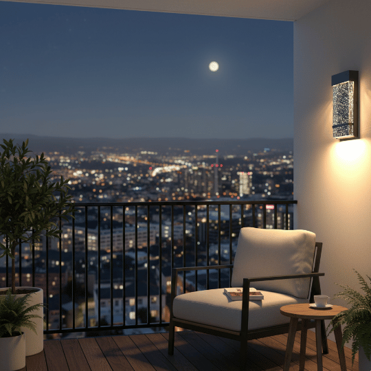 Contemporary balcony lighting ideas showcasing a decorative wall sconce light fixture for ambient outdoor lighting.
